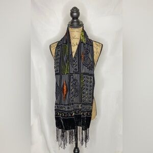 Vintage Detailed Silk & Velvet Multi Scarf with Fringe
